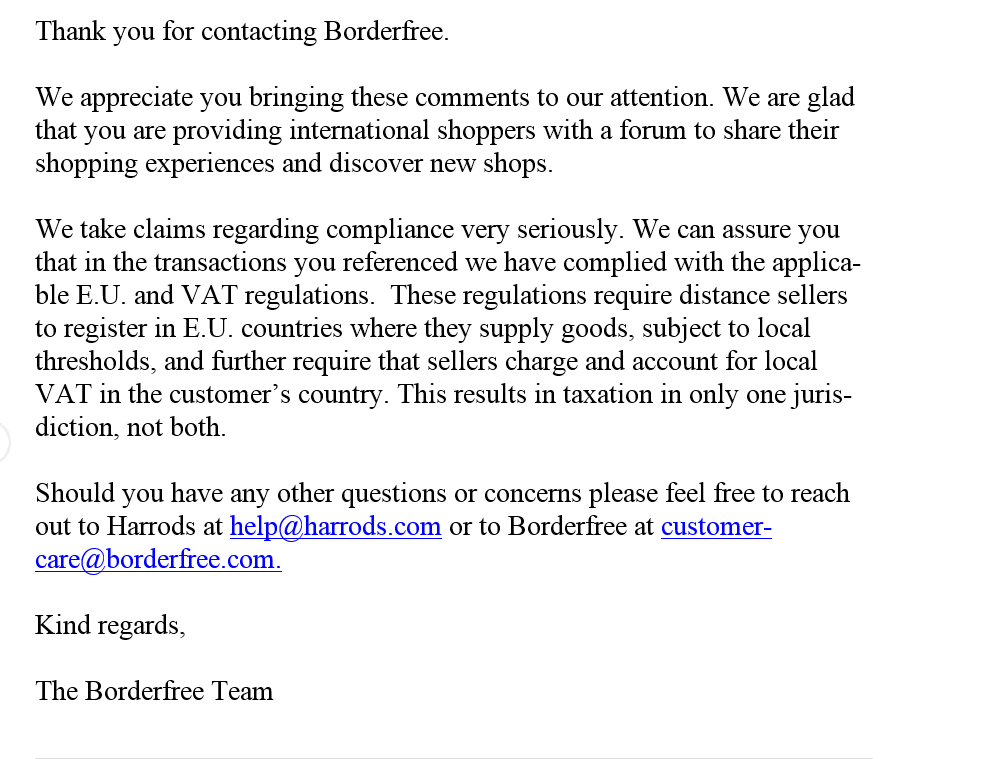 Borderfree Harrods EU VAT tax issue